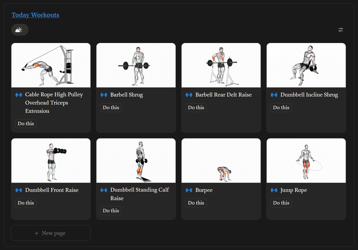 Today's workout exercise gallery in the Notion workout planner with illustrated exercises and quick-start actions.