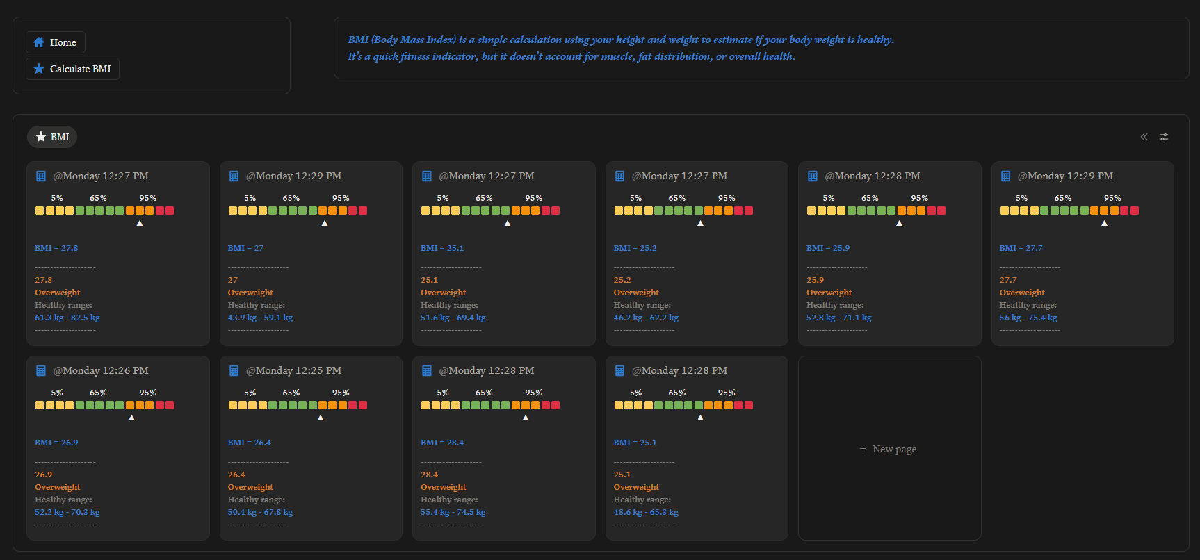 BMI calculator and health dashboard showing color-coded BMI results with healthy weight ranges.