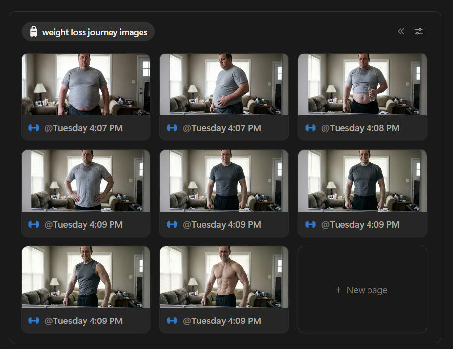 Weight loss progress photo gallery storing dated transformation photos.
