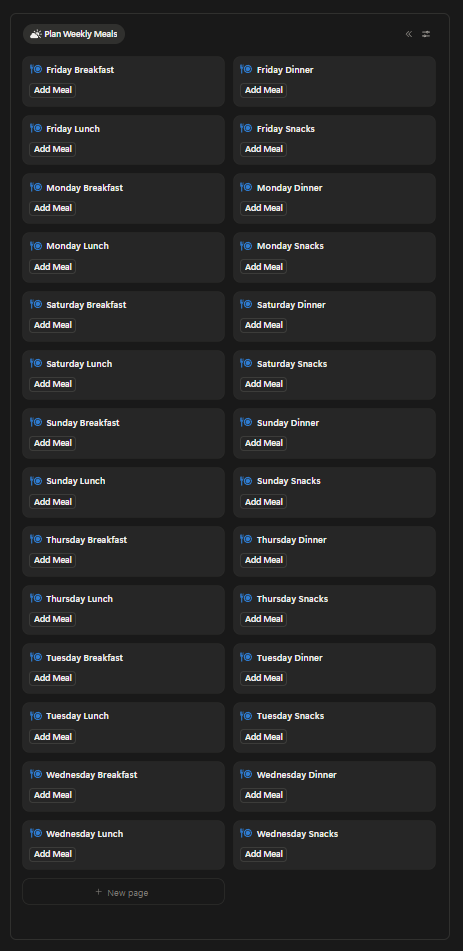 Weekly meal planner board with breakfast, lunch, dinner, and snack slots for each day.