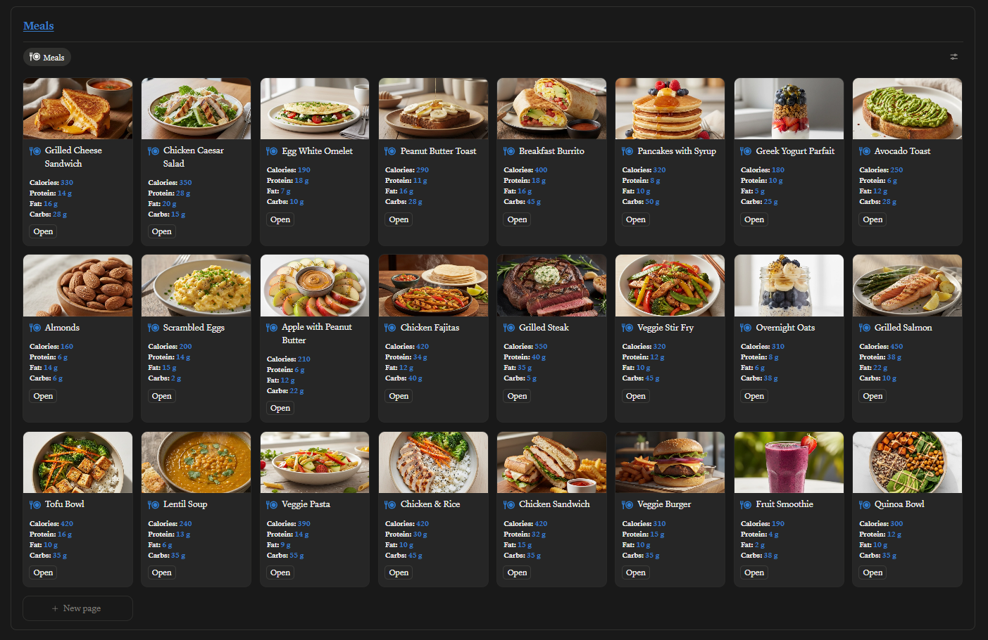 Recipe database gallery of healthy meals with photos and nutrition information.