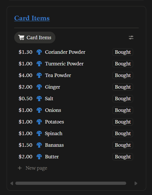 Grocery shopping list with item prices and purchase status toggles.