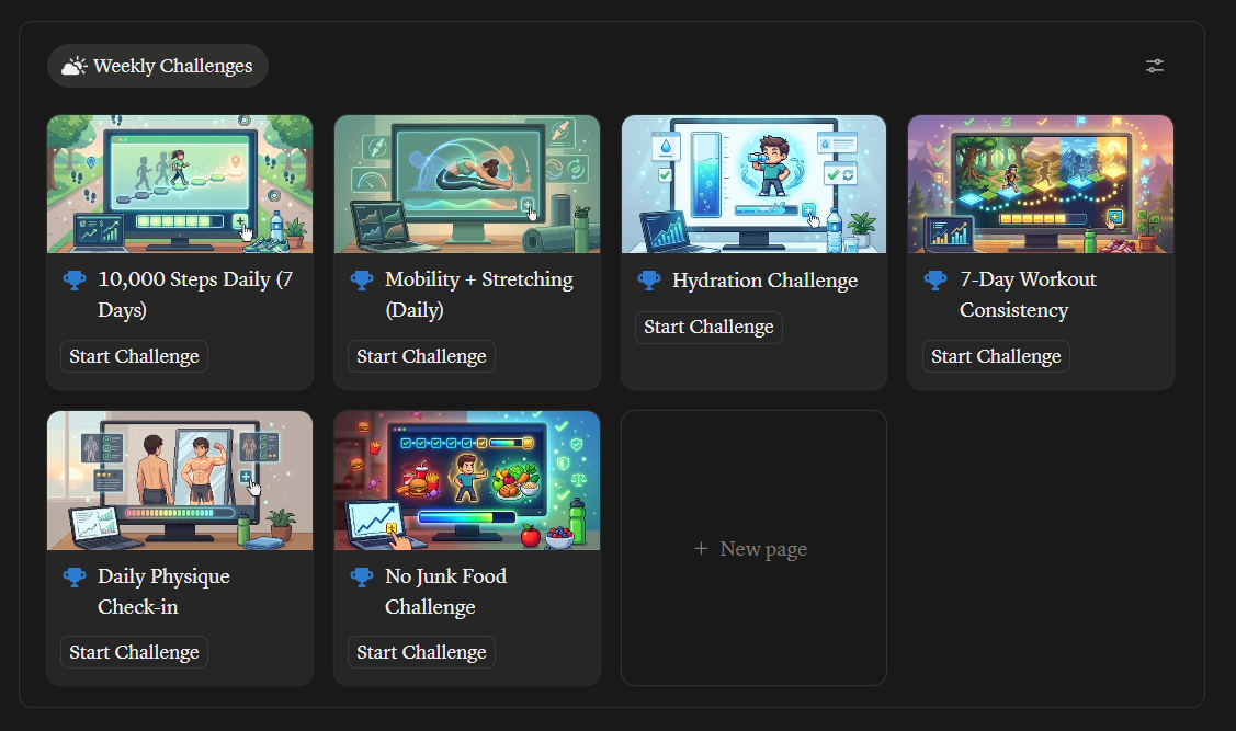 Weekly fitness challenges gallery with illustrated challenge cards and start actions.
