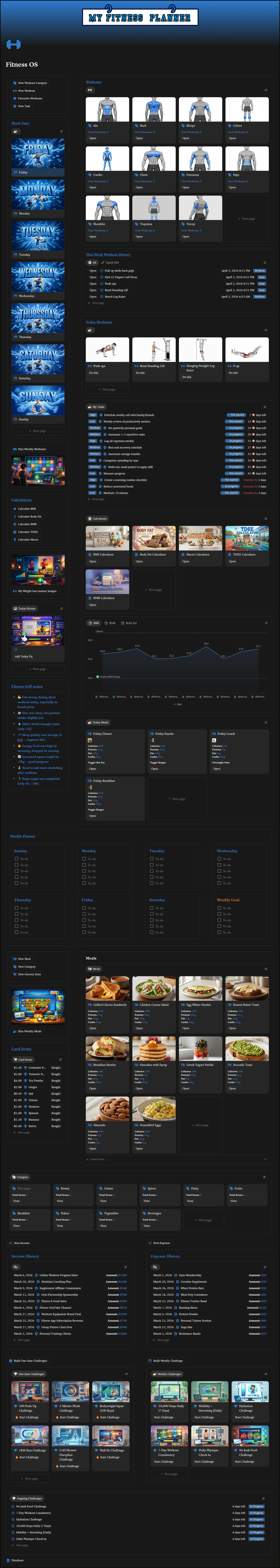 Full vertical preview of the My Fitness Planner Notion template showing every module — workouts, health dashboards, nutrition, recipes, grocery, planner, challenges and finance.