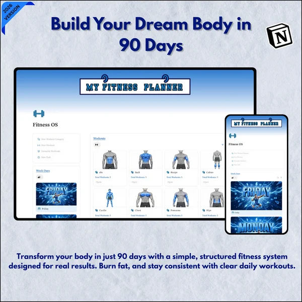 My Fitness Planner Notion template cover — Build Your Dream Body in 90 Days, shown on desktop and mobile.